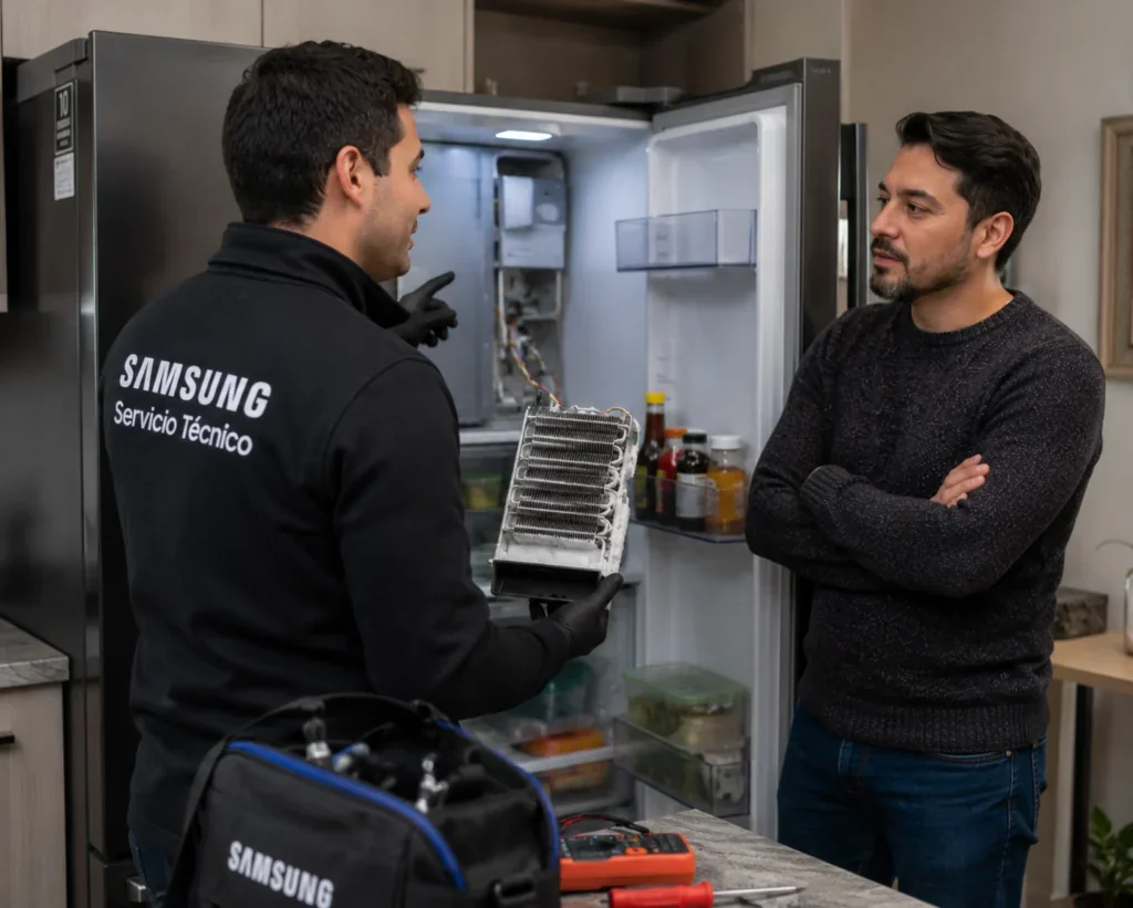 Técnico Samsung reparando el sistema de refrigeración de un nevecón en Cali