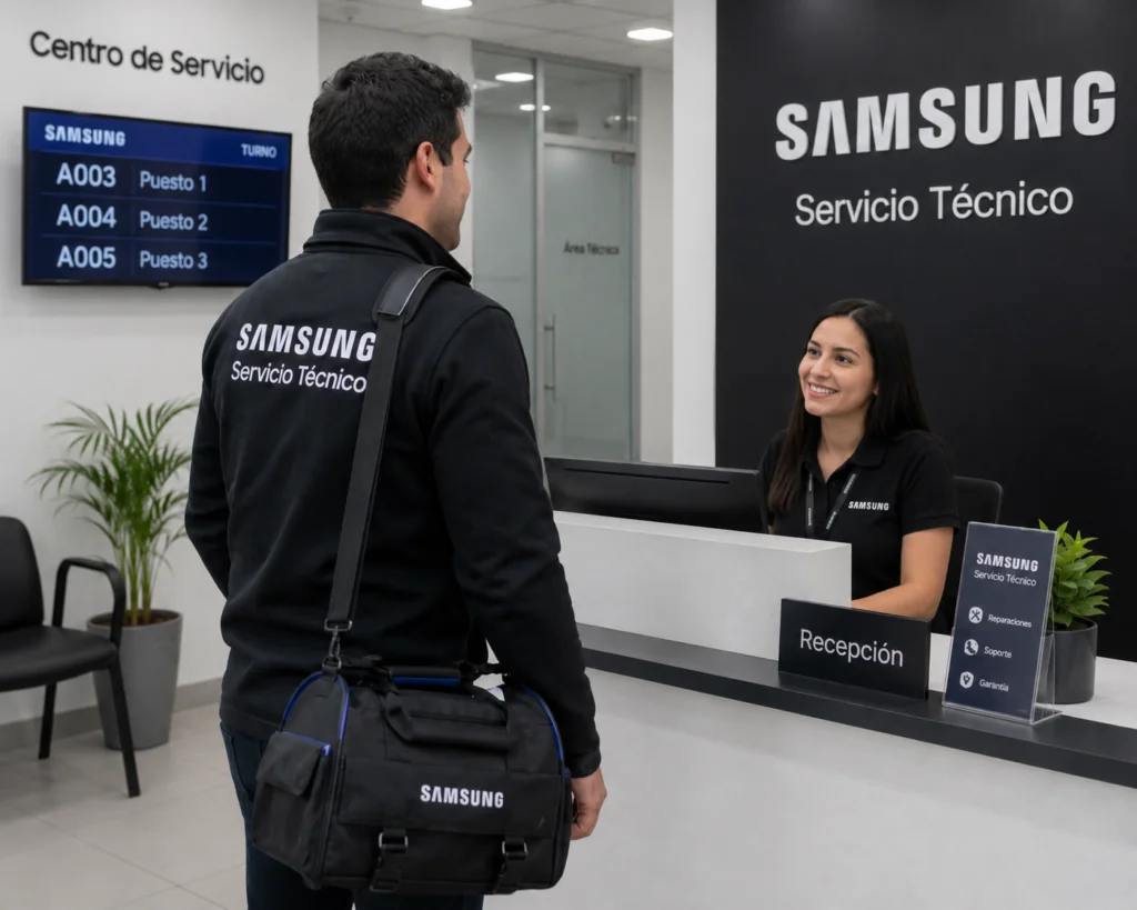 Técnico Samsung reportándose en el centro de servicio autorizado en Cali